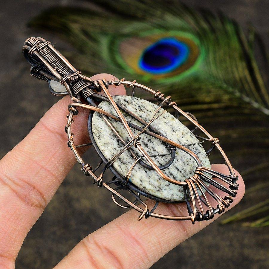 K2 Azurite, Moonstone Gemstone Copper Wire Wrap Jewelry Pendant 3.55"