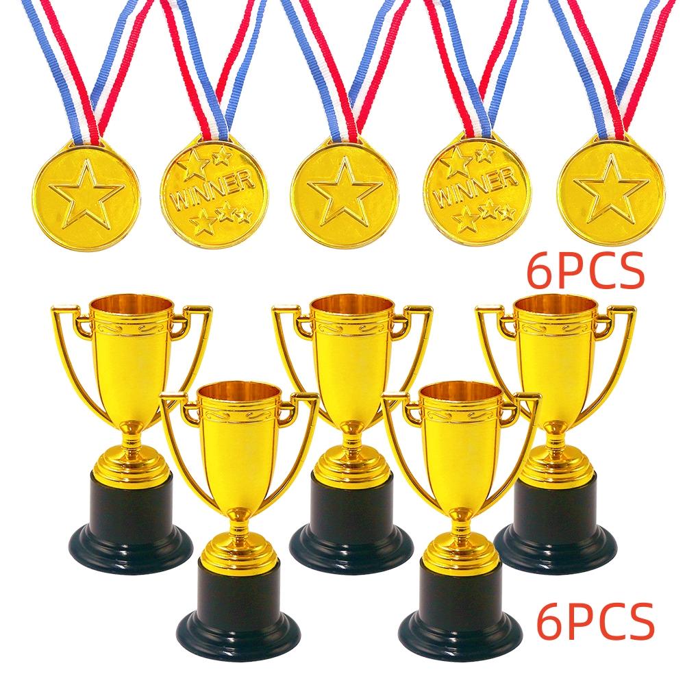 

1 set with 6Pcs medals 6Pcs trophy set Kids sports meets school evening party kindergarten school gift prize ornament decoration
