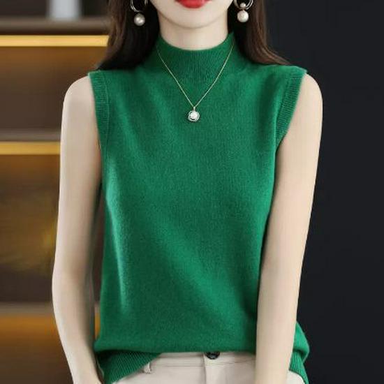 Women's Cashmere Sleeveless Pullover Sweater - Autumn 23 Collection, Solid Color, Half-High Neck, Straight Fit, Pure Wool Base Layer.
