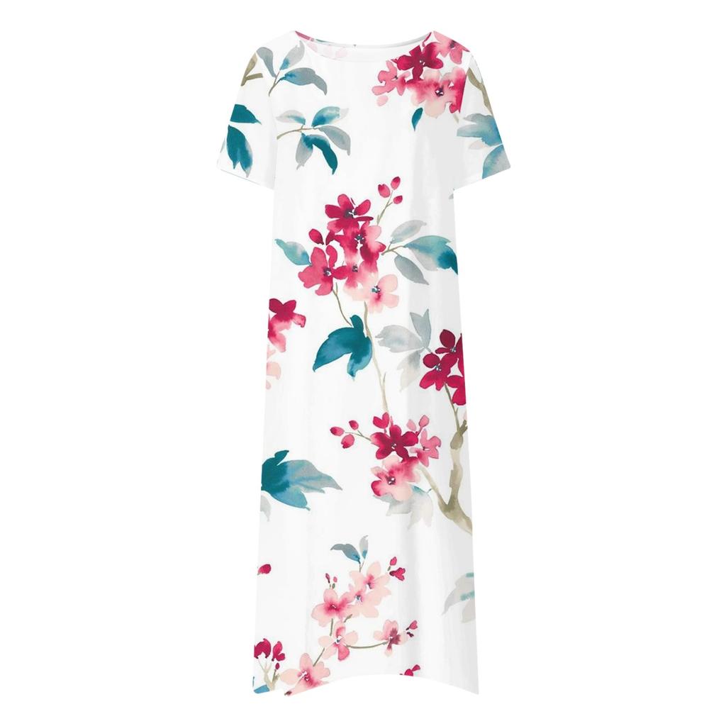 Women's Summer Casual Fashion Floral Print Short Sleeve Round Neck Pocket Dress