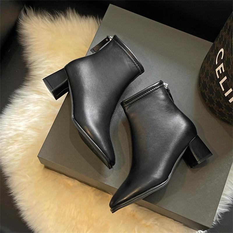 2024 Spring and Autumn New Fashion Round Head Solid Leather Surface Simple Back Zipper Versatile Women's High Heel Naked Boots