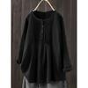 Loose Cotton Linen Long Sleeve Pleated Round Neck Plus Size Women S Shirt
