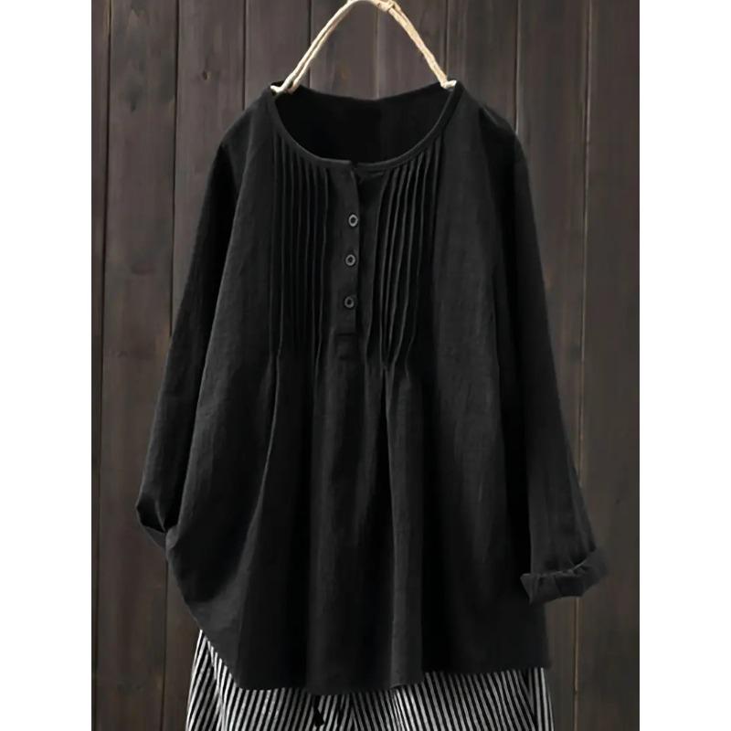 Loose Cotton Linen Long Sleeve Pleated Round Neck Plus Size Women S Shirt