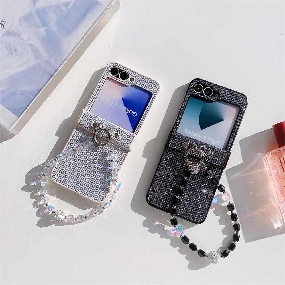 Hinge Protection Leather Phone Case for Samsung Galaxy Z Flip 6 5 4 Flip6 Flip5 Flip4 Flip3 Wrist Strap Plastic Hard Shell Cover