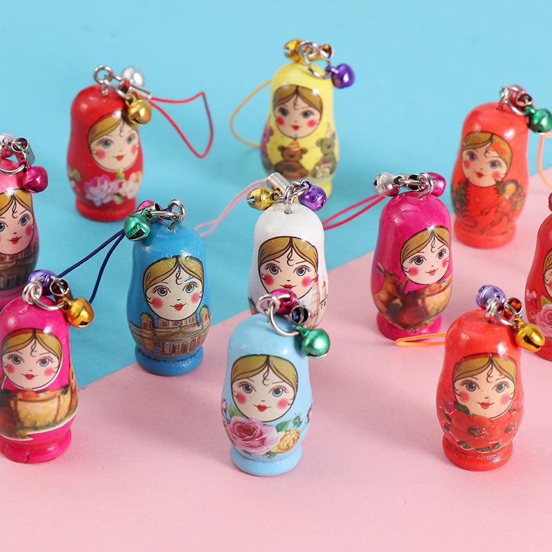 Wooden Matryoshka Doll Keychain Phone Charm - Set of 6 Cute Nesting Dolls Pendant for Keys, Bags and Phone
