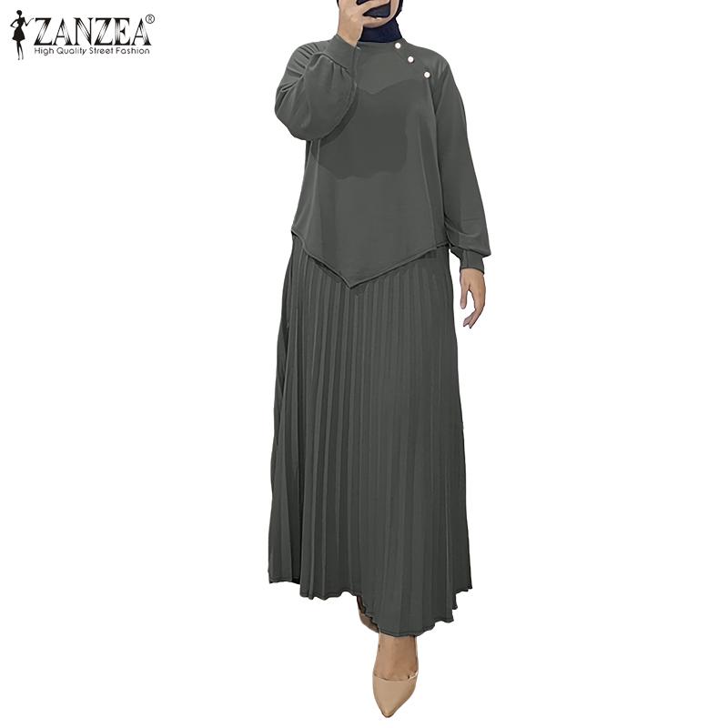 ZANZEA Women Long Sleeve Blouse and Long Pleated Skirts Casual Two Piece Suit Sets