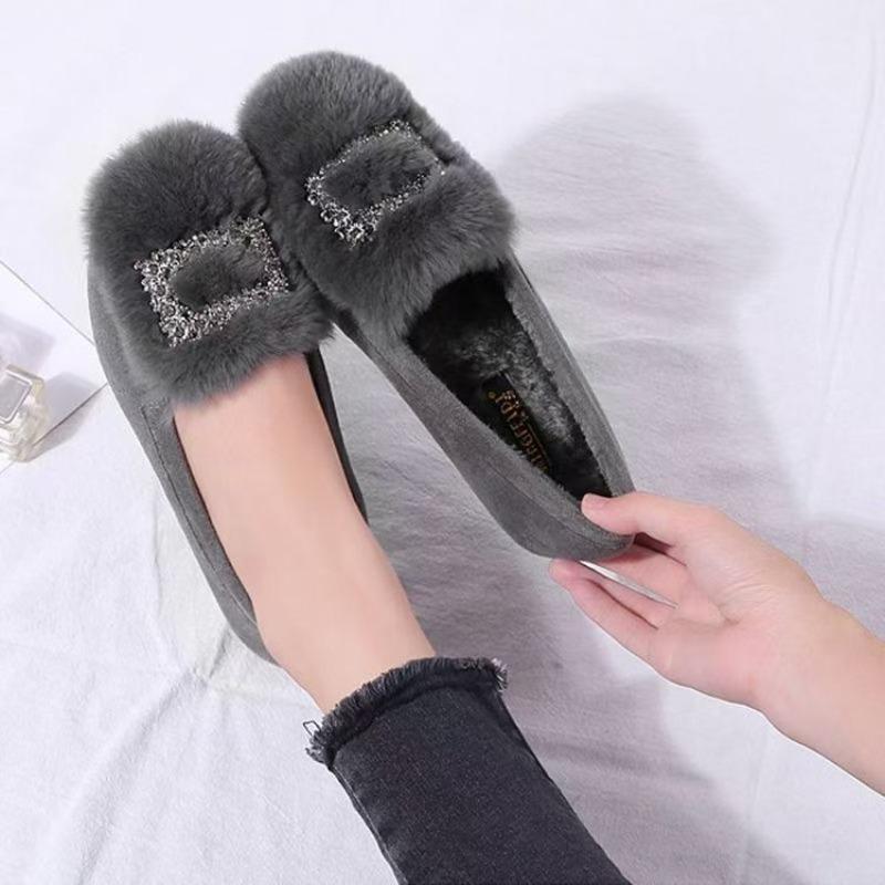 Winter rhinestone fluffy shoes women's new fashionable versatile flat-bottomed lazy people wear one-pedal Doudou shoes