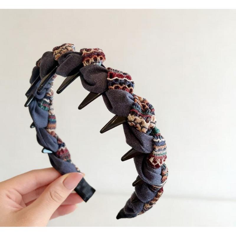 2026 Retro French Color Block Fabric Headband with Twisted Rope Braid and Anti-slip Teeth