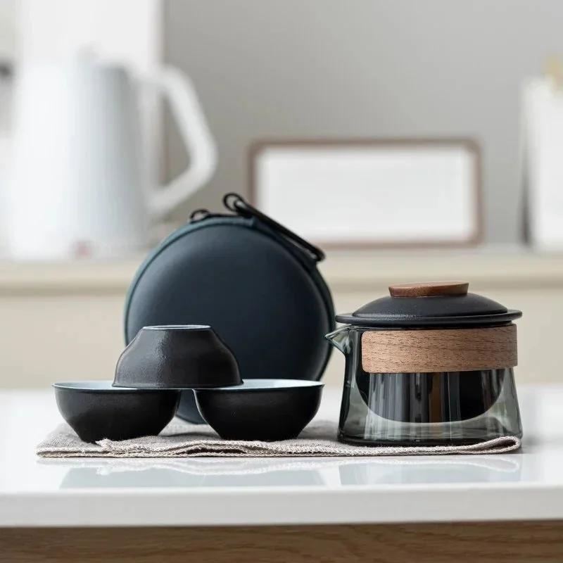 Travel Tea Set Kit 1 Teapot 3 Cups Portable Outdoor Camping Teapot and Tea Cup with Bag Teaware Sets Household Making Tea Tool