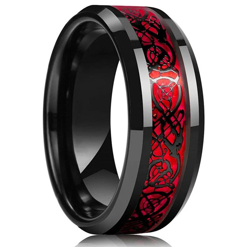 Fashion 8mm Men's Stainless Steel Celtic Dragon Ring Inlay Red Green Black Carbon Fiber Ring Wedding Band Charm Jewelry Gifts
