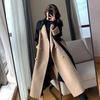 Women's Black Faux Woolen Color-Blocked Patchwork Coat - Hepburn Style, Petite, High-End Korean Design for Autumn/Winter