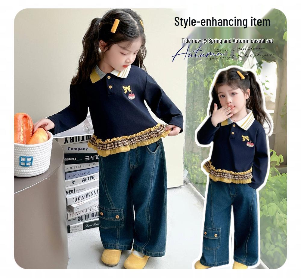 2025 New Girls' Korean Style Casual Sweatshirt and Jeans Set - Fashionable Autumn Outfit for Kids