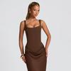 2026 Spring European & American Style Square Neck Pleated Spaghetti Strap Waist-Cinched Hip-Hugging Long Dress