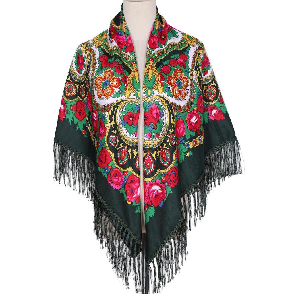 Women's Ethnic Print Summer Shawl - Large Square Scarf with Tassels for Travel & Photos