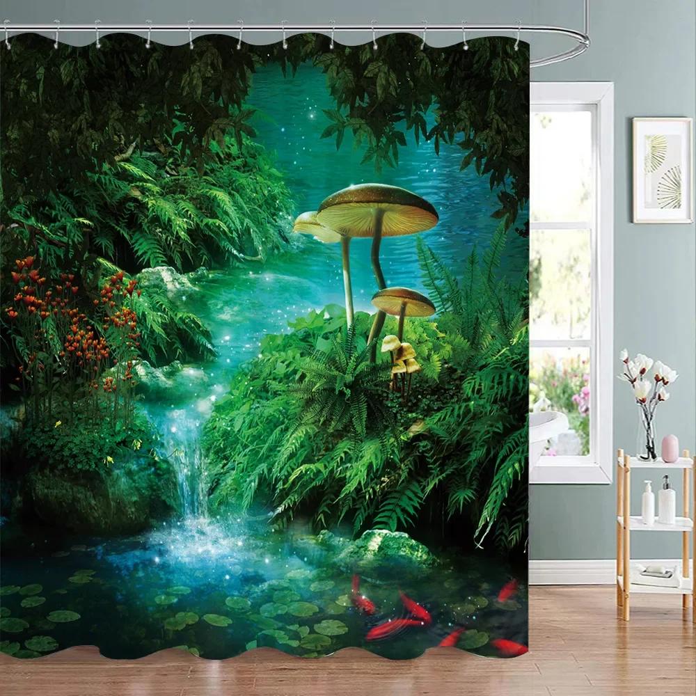 Mushroom Shower Curtain Retro Mushrooms Butterfly Floral Boho Moon Stars Botanical Wildflower Green Plant Aesthetic Bath Curtain
