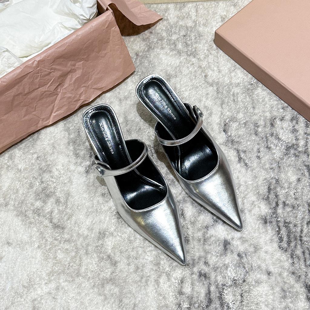 9733-8 Temperament Silver Bag Head High Heels Outer Wear Women's Shoes Spring and Autumn New Word with Empty Pointed Women's Shoes