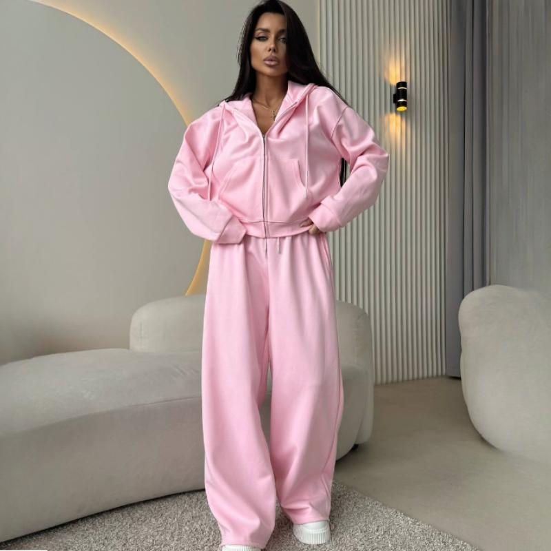 Women's 2-Piece Sportswear Set: Solid Color Long-Sleeve Zippered Hooded Cardigan  Lace-Up Sweatpants