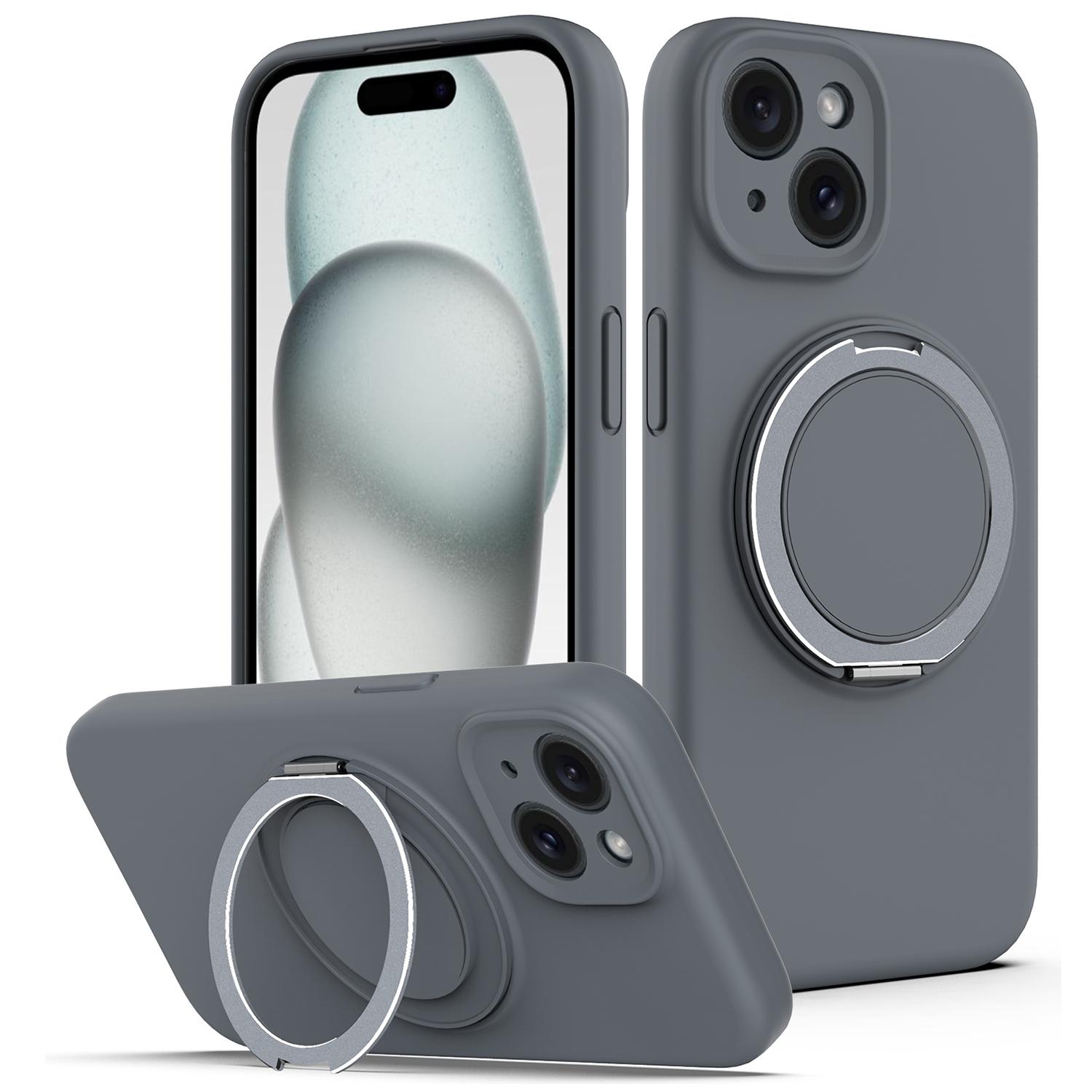 

For iPhone 14 Case Compatible with MagSafe Rotating Metal Kickstand PC+Silicone Phone Cover Grey