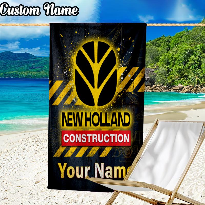 Custom Name New Holland Construction Beach Towel - Soft, Ultra-Absorbent Microfiber, Lightweight, Perfect for Beach, Parties, Travel, Camping