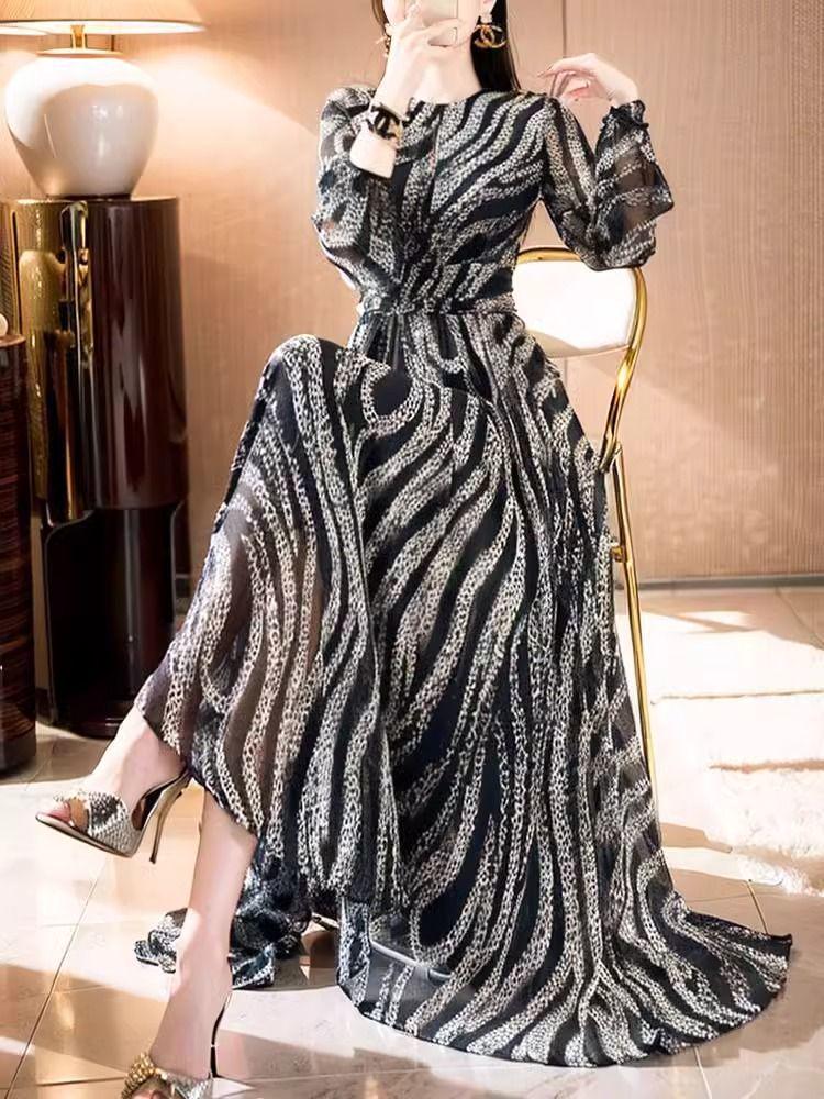 Mature Zebra Print Elegant Long Dress - Unique, Fashionable, Waist-Cinching