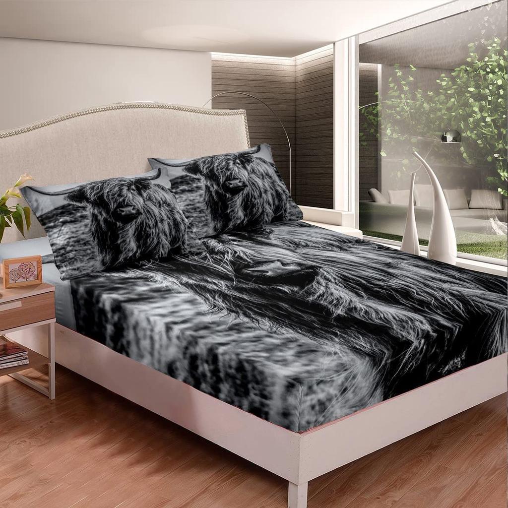 Highland Cow Fitted Sheet,Bull Cattle Bedding Set Yellow Sunflower Print Fitted Bed Sheets Western Farmhouse Theme Cow Bed Decor