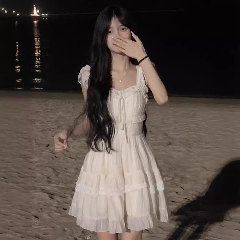 French Style Petite Waist Square Neck Cap Sleeve Dress for Women - Slimming Summer Short Dress