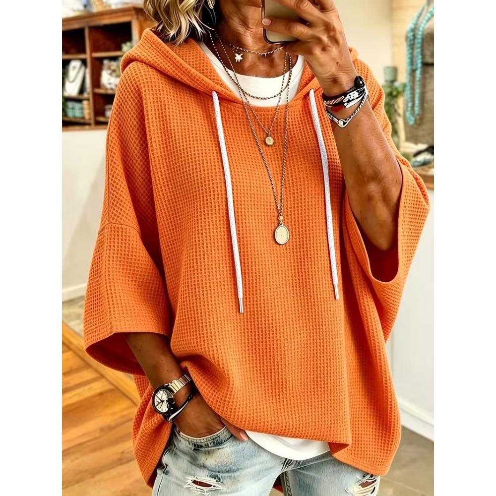Damen Neuer Waffelstrick Kapuzenpullover mit Kordelzug, Lockere Gestrickte Kapuzen-Oberbekleidung