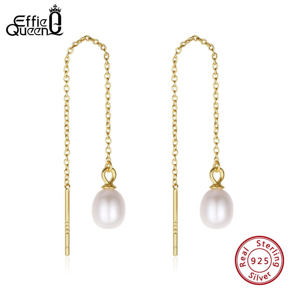 Effie Queen Elegance 925 Silver Freshwater Pearl Tassel Chain Earrings Minimalist Vintage Pearl Drop Earring Fine Jewelry GPE75
