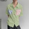 INCERUN Oversized Summer Men Lapel Neck Plaid Print Patchwork Buttons Casual Shirts