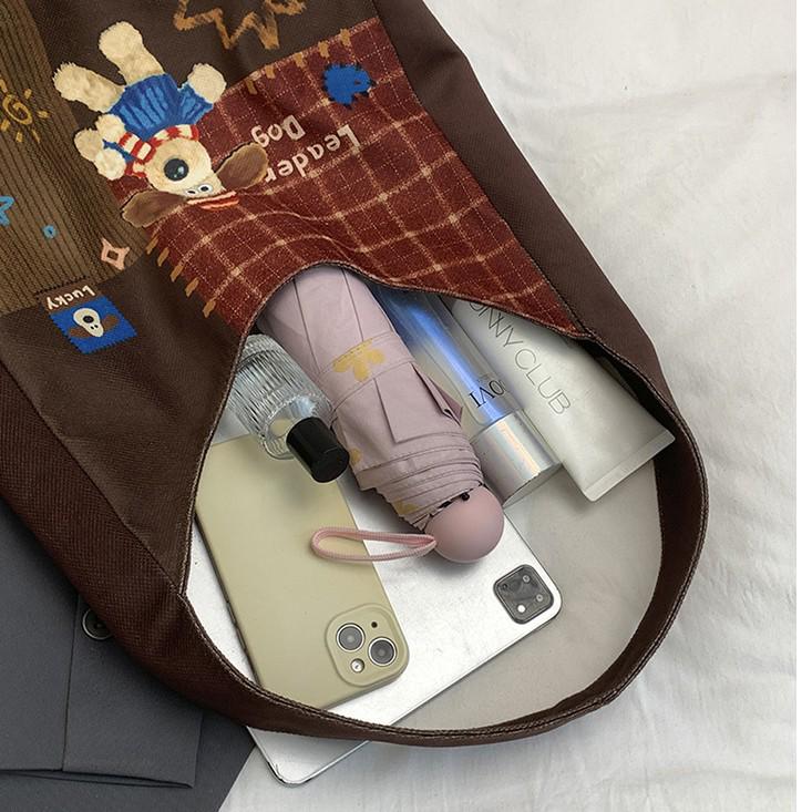 Plaid Canvas Tote Bag: Cute Cartoon Design, Large Capacity, Commuter-Friendly Shoulder Bag for Women