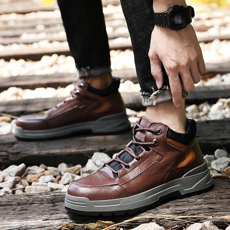 Men's Oversized Casual Leather Shoes - Autumn/Winter, Thick Cotton, Youth Hiking and Outdoor Workwear Shoes
