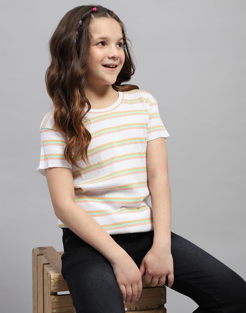 Monte Carlo Girls Orange Striped Round Neck Half Sleeve Top