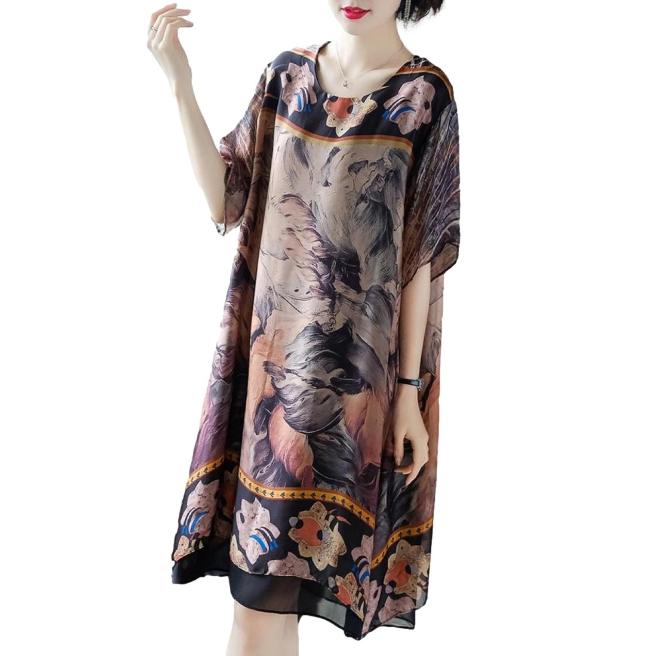 

Blue Beryl Botanical Print Chiffon Dress with Half Loose Women s A-Line Knee-Length Sleeves, Lined, Silk-Like Fabric, Fit, Brown, BB004-BR-M чёрный