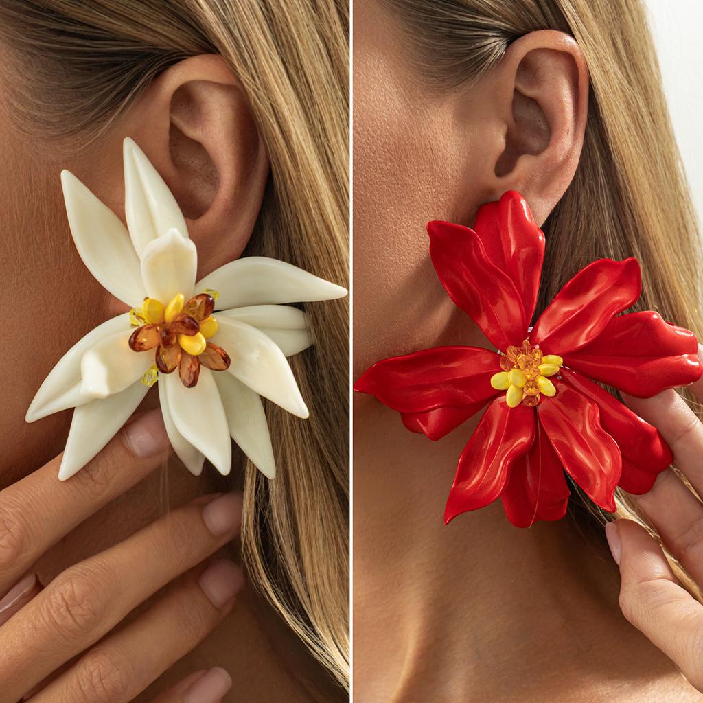 Orecchini a Bottone Floreali Tridimensionali in Acrilico Esagerati da Donna, Orecchini alla Moda in Resina a Petali Stile Vacanza