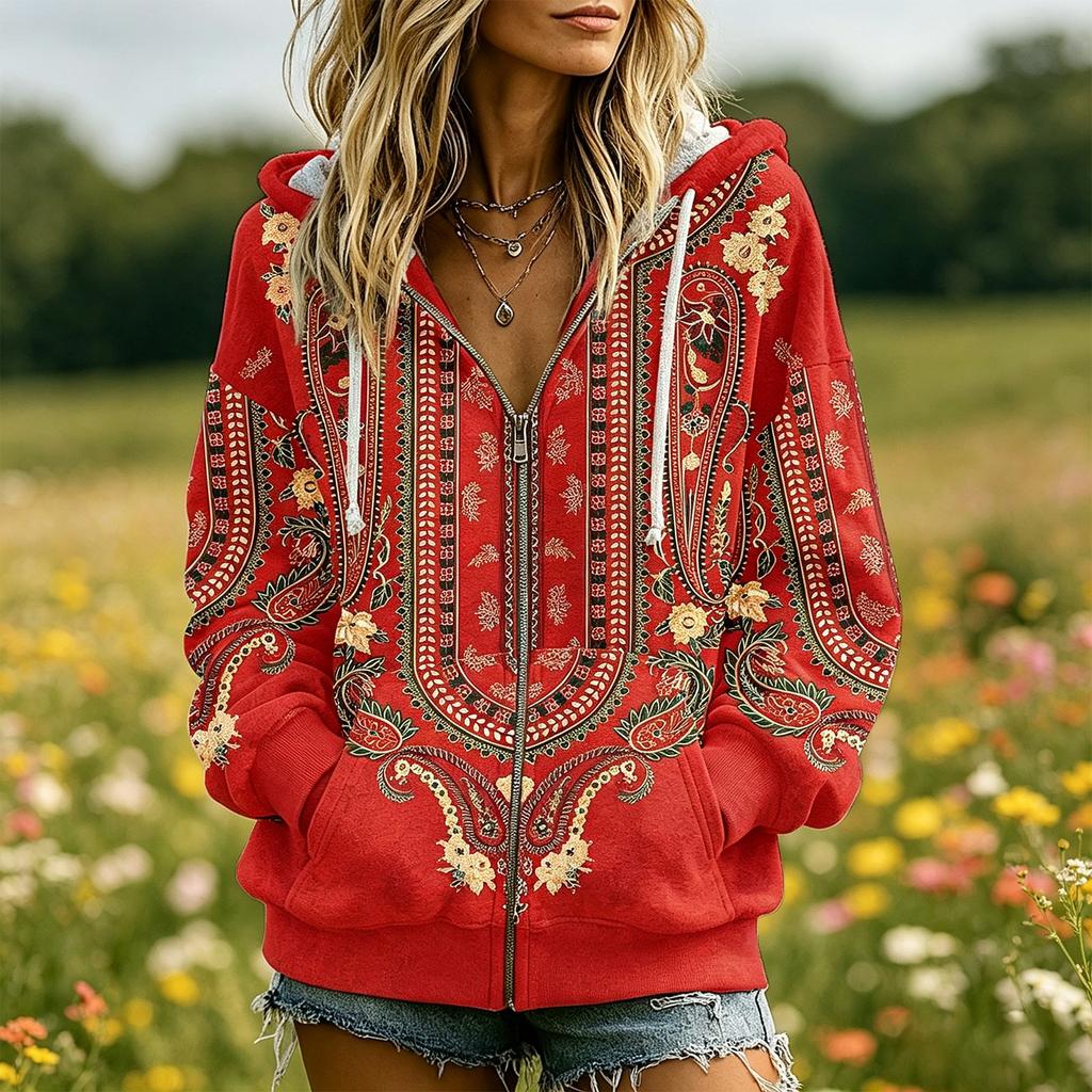 Women's Casual Hooded Sweatshirt with Zipper Pockets Printed Design