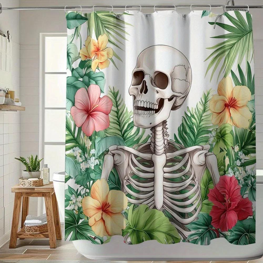 1Pc Skeleton Tropical Print Shower Curtain Bathroom Curtain With 12Pcs Free Hooks, Bathroom Home Decoration 180X200Cm