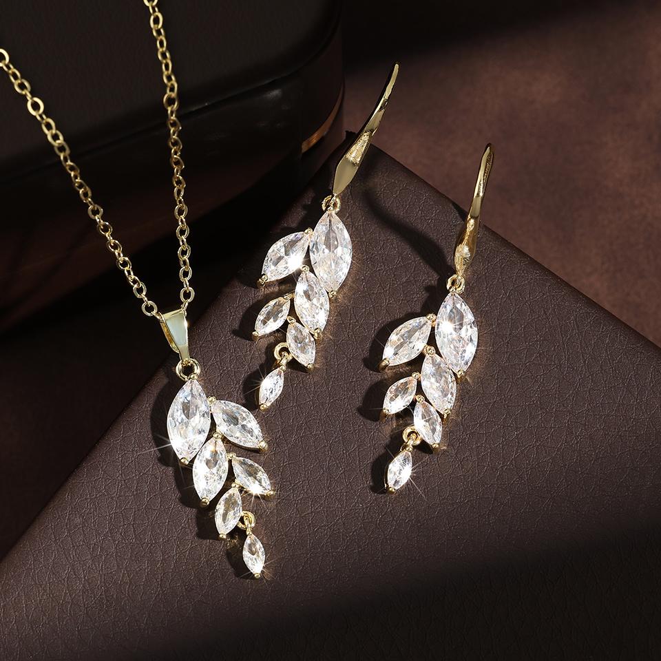 ZAKOL Poland Style Cubic Zirconia Leaf Hook Earrings Necklace Set for Women Elegant Bridal Wedding Party Jewelry Dress