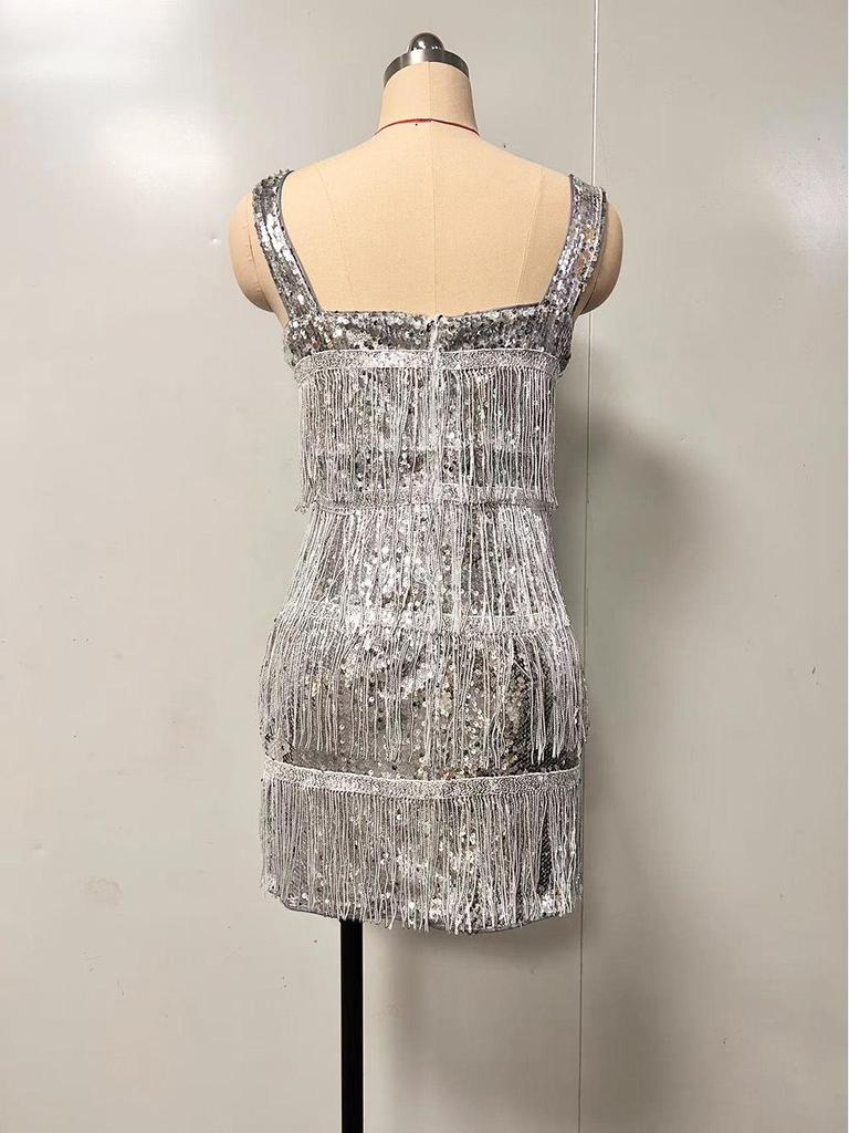 2025 Tassel & Sequin Cocktail Party Dress - Solid Color Suspenders & Short Skirt