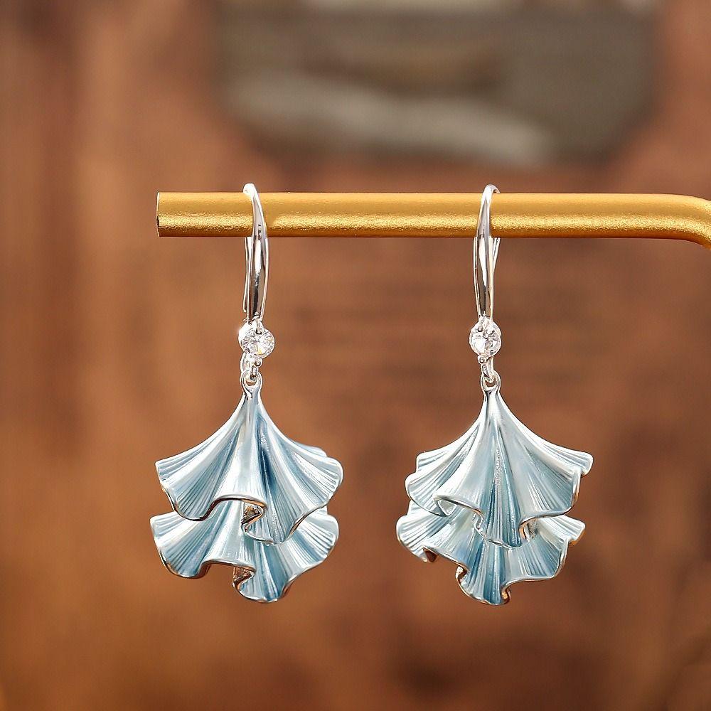 Fashion Double-layer Ginkgo Earrings Retro Synthetic Rhinestone Ginkgo Ear Pendant Alloy Creative Sweet Earrings Jewelry Men