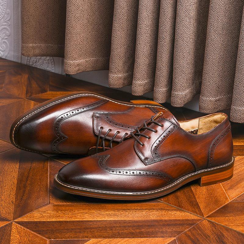 Business Men'S Shoes Brock Leather Shoes First Layer Cowhide Casual Shoes British Style Men'S Gentleman Shoes Lace-Up Leather Shoes Men
