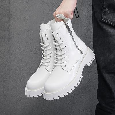 Fashion England Style Men Luxury Fashion High Platform Boots Lace-up Black White Shoes Original Leather Boot Handsome Motorcycle Botas
