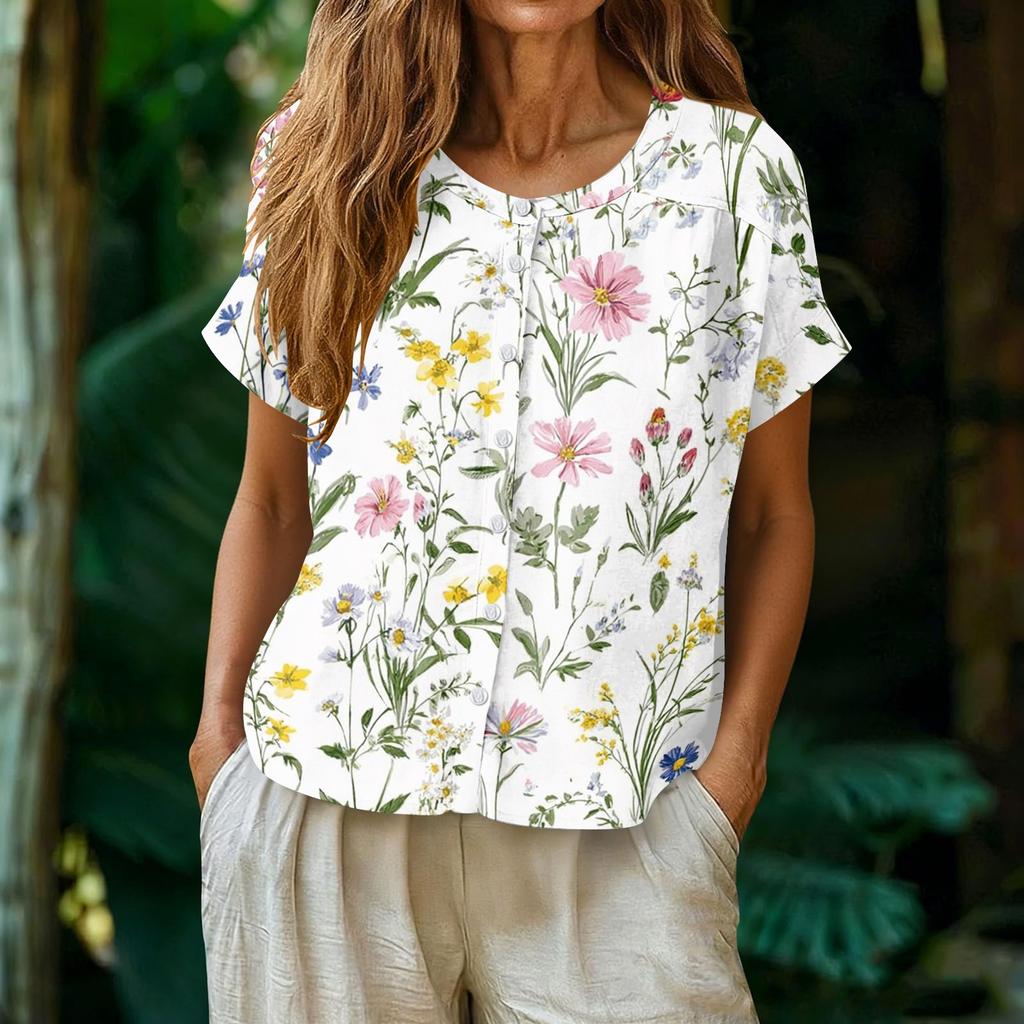 Damen Vintage Bedrucktes Knopfleisten-Oberteil Kurzarm Henley-Halsausschnitt Bluse Leichtes Freizeithemd