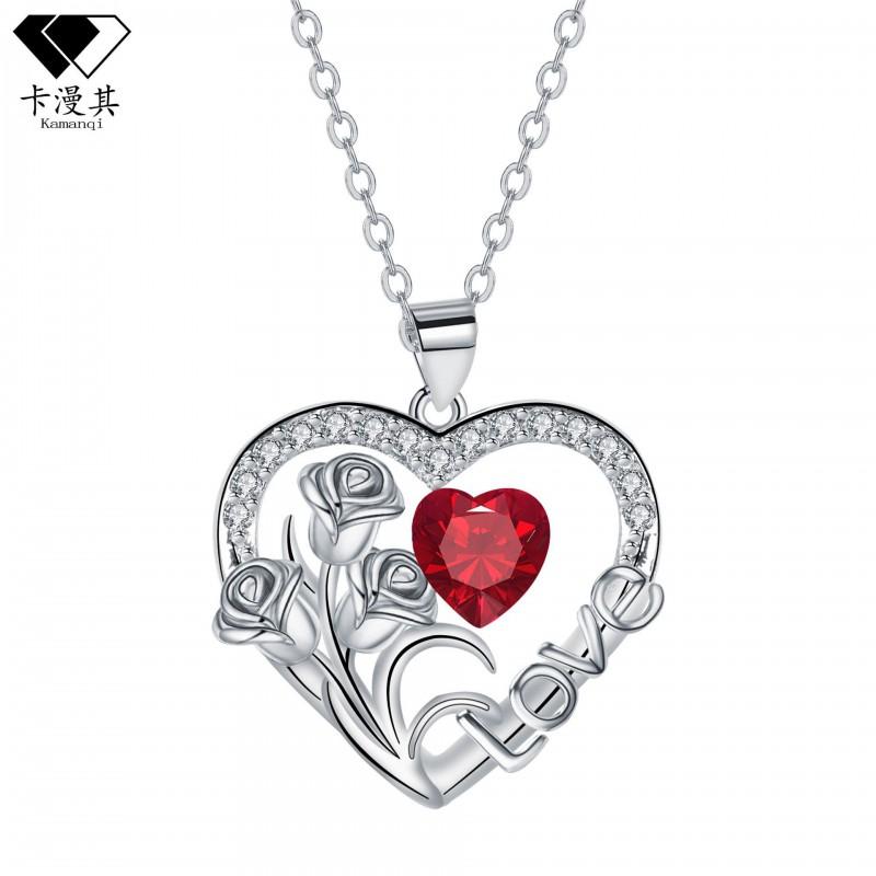 Elegant Heart Rose Pendant Necklace Women Red Purple Crystal Rhinestone Copper Chain Jewelry Red