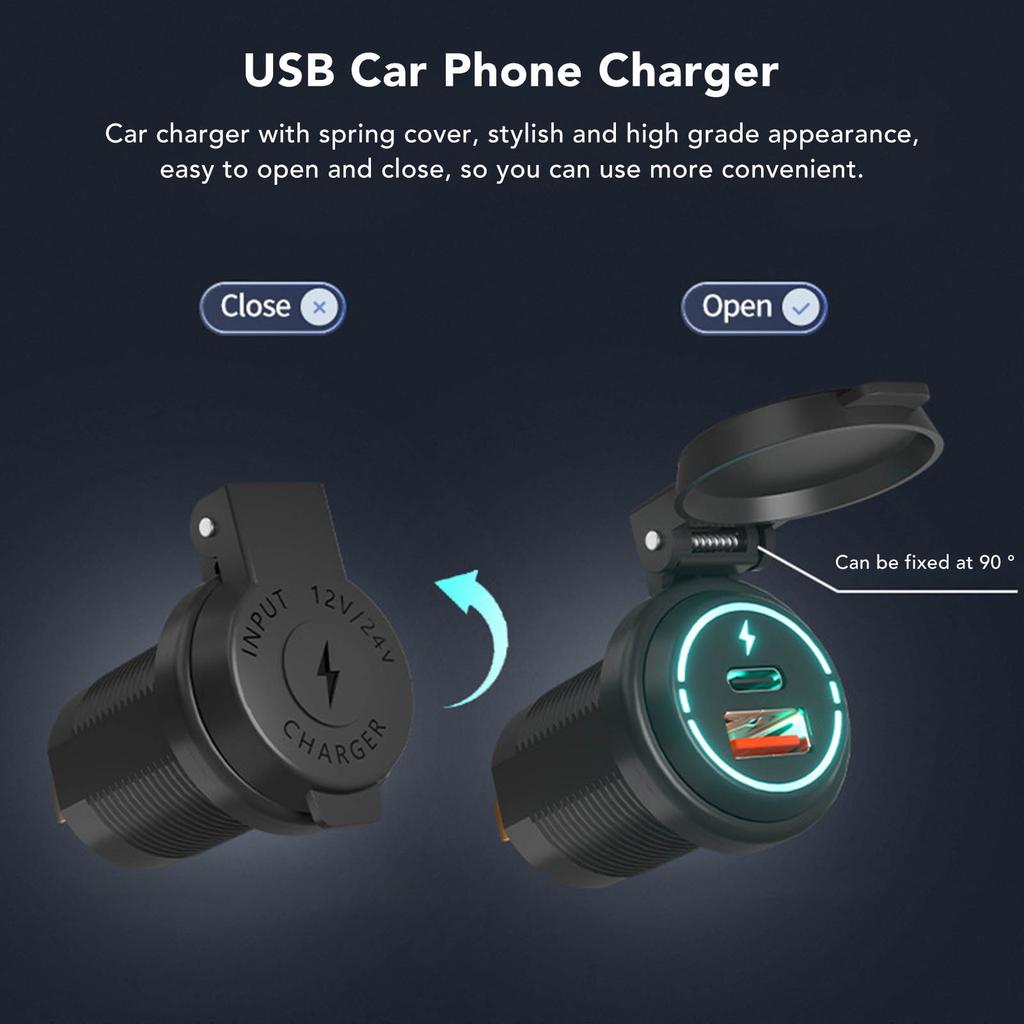 Car Charger with Spring Cover Dual Port USB Type C QC3.0 IP66 Waterproof Charger Adapter for Motorcycles SUV RV