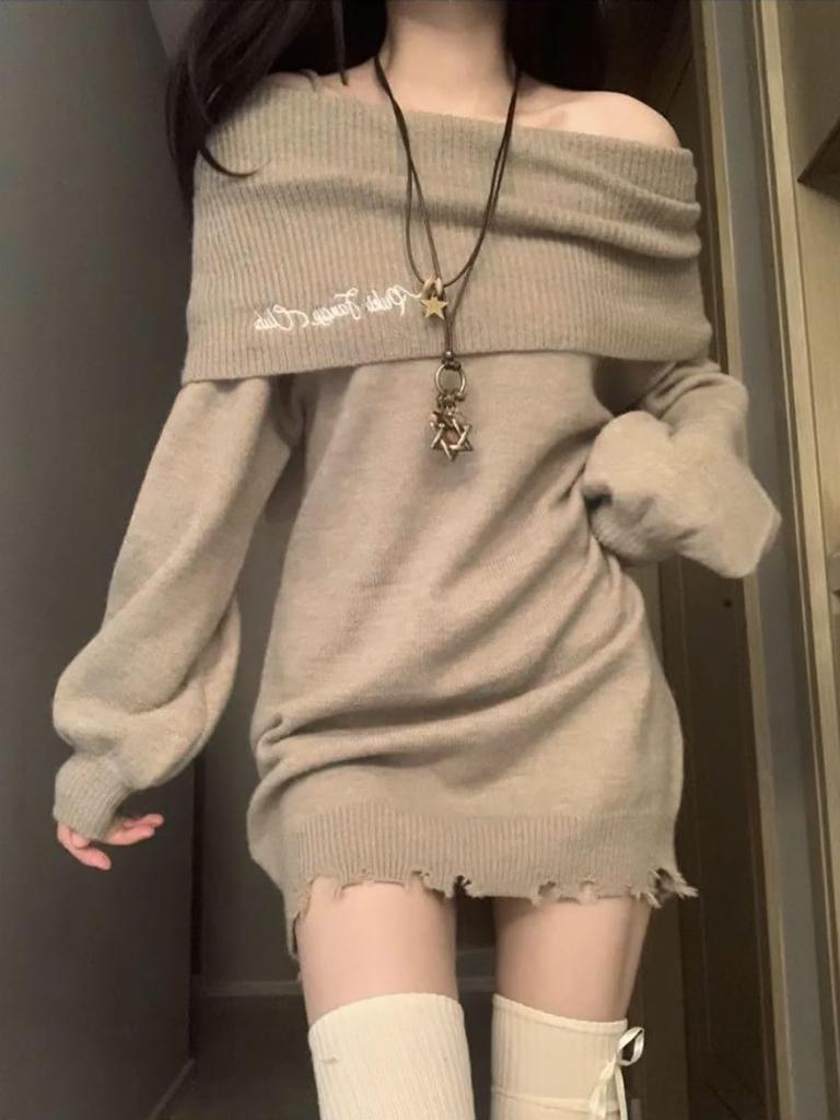 LAVASEON Strikket Koreansk Lang Båt Perfekt for eller Enhver Anledning Off-the-Shoulder Kjole, Tettsittende, Kappe-stil, Sexy, Dame, Søt, Stil, Off-the-Shoulder,