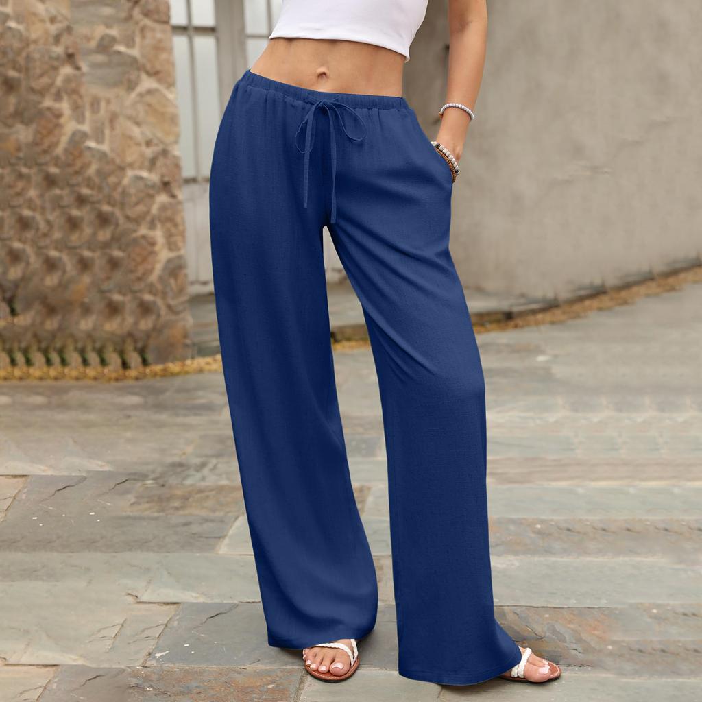 Women's Summer Casual Wide Leg Pants Elastic Waistband with Drawstring Pockets Lightweight Loose Fit Lounge Trousers for Everyday Wear
