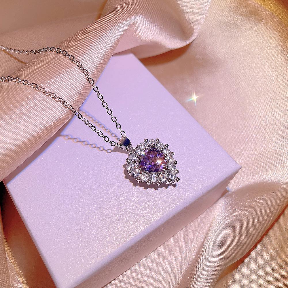 Purple Heart Zircon Jewelry Set: Ring, Earrings, and Necklace - Elegant Three-Piece Collection