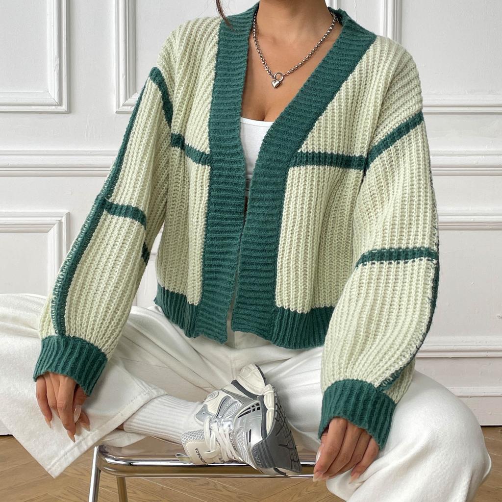 Women's Cardigan Autumn And Winter Jacket Collision Splicing Short Section Casual Loose Woven Jumper
