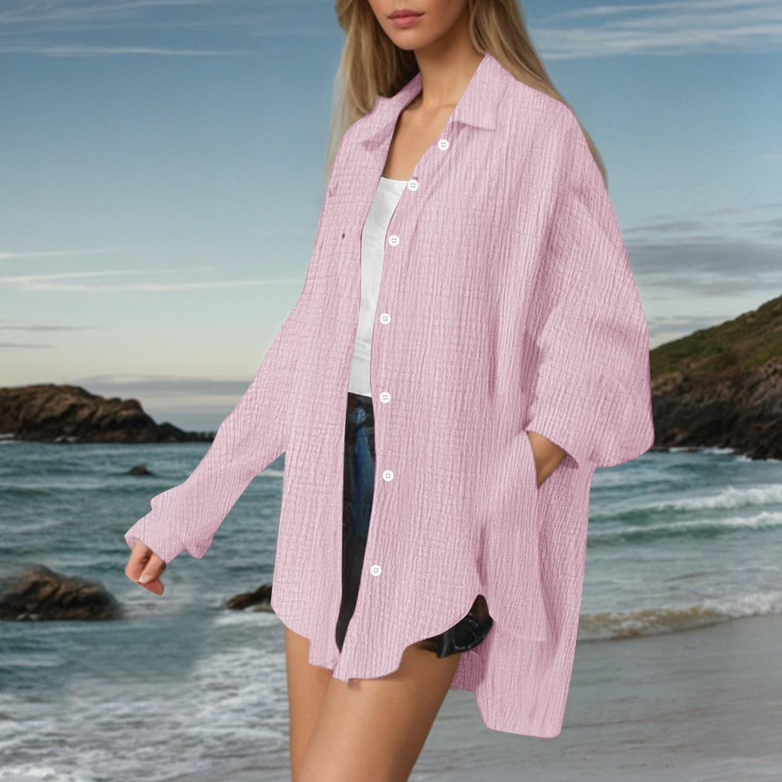 Women s Fashion Casual Long Sleeve Double Layer Wrinkle Lapel Button Down Shirt Top S розовый