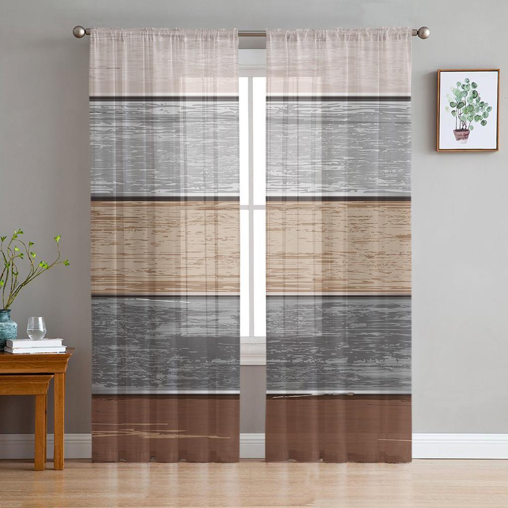 Retro Farm Barn Blue Gray Striped Gradient Sheer Curtains for Living Room Tulle for Windows Voile Yarn Short Bedroom Curtains